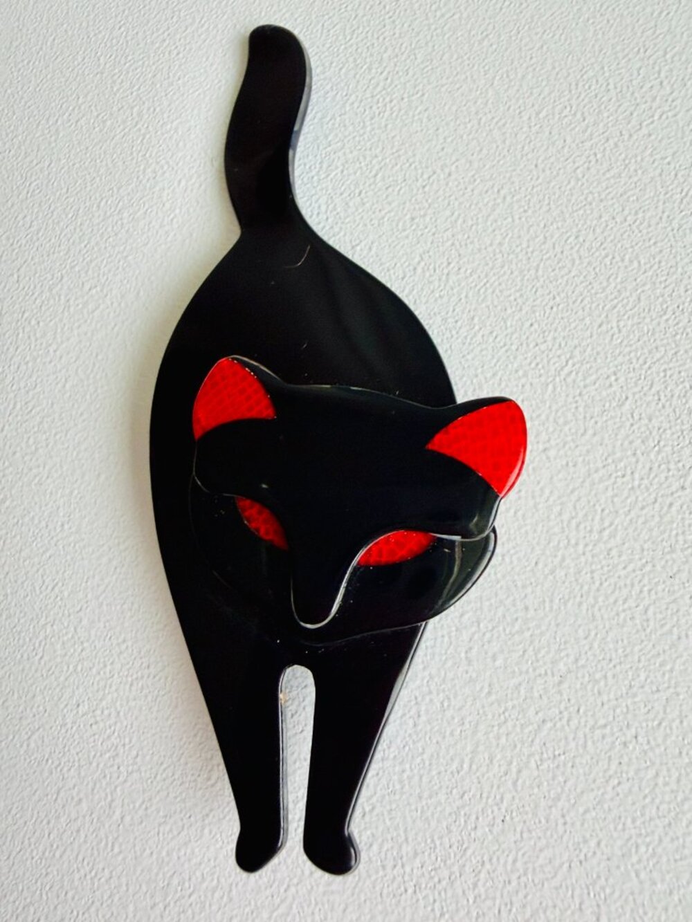Vintage Lea Stein ~ Black and Red Attila Cat Brooch